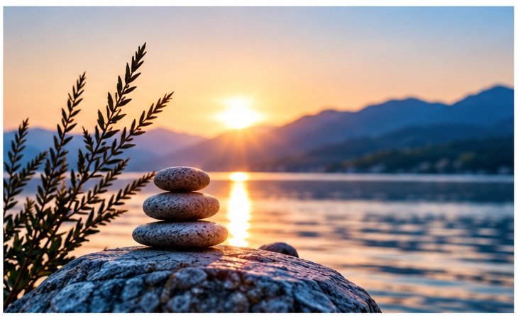 Piedras junto a un lago al atardecer